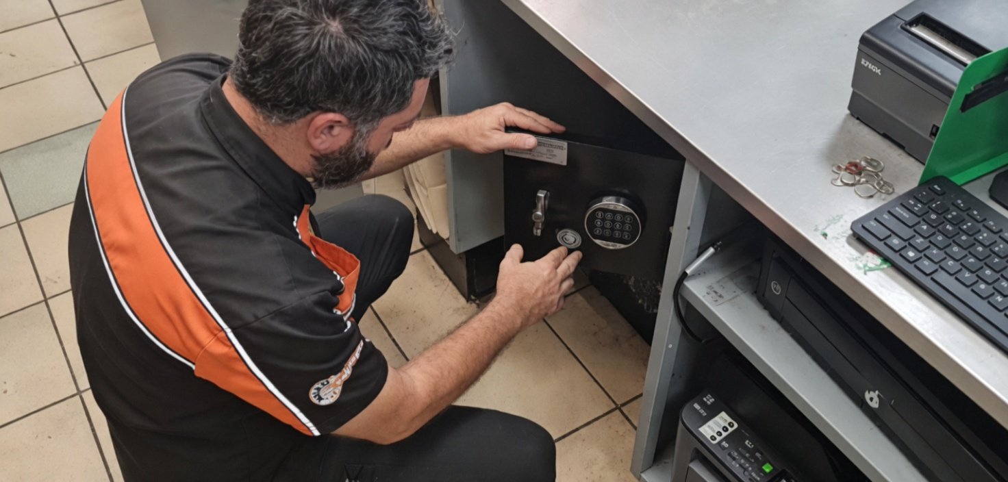 Keysmith technician repairing residential door lock with precision tools
