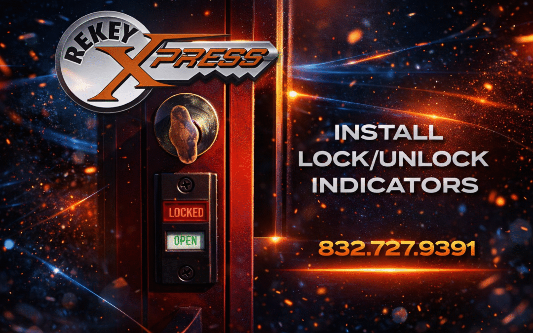 ReKey Xpress Locksmith Installs Fire Marshal Required Lock/Unlock Indicator on Storefront Door in Conroe, TX