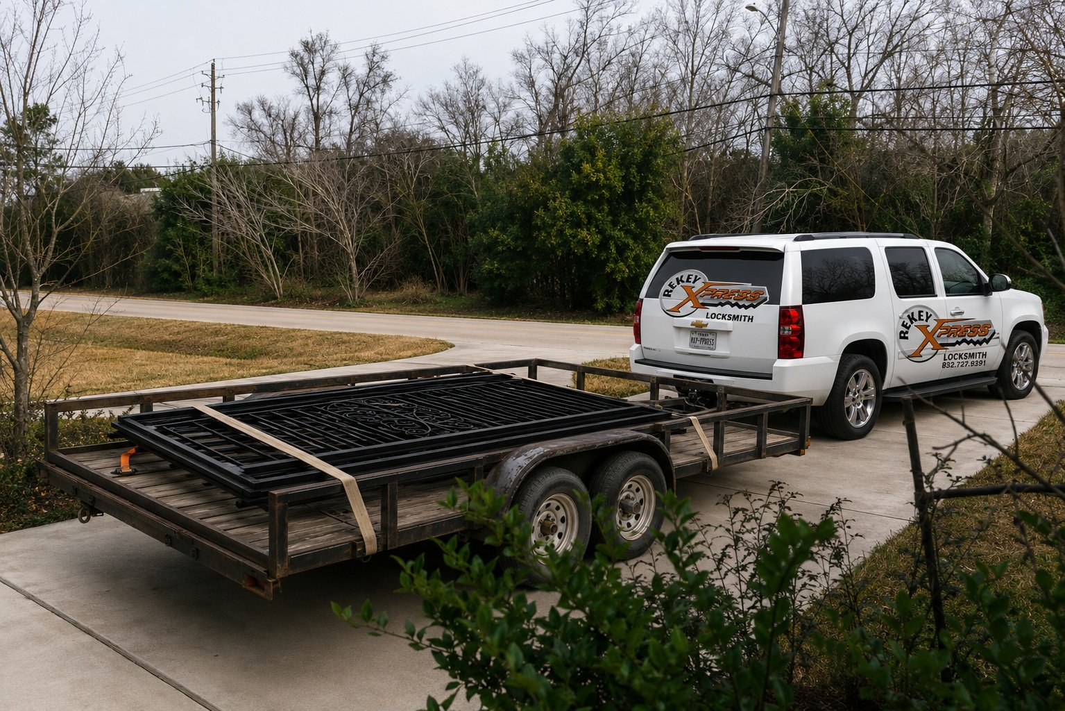 Locksmith rekeying front door lock after new homeowner moves into The Woodlands property